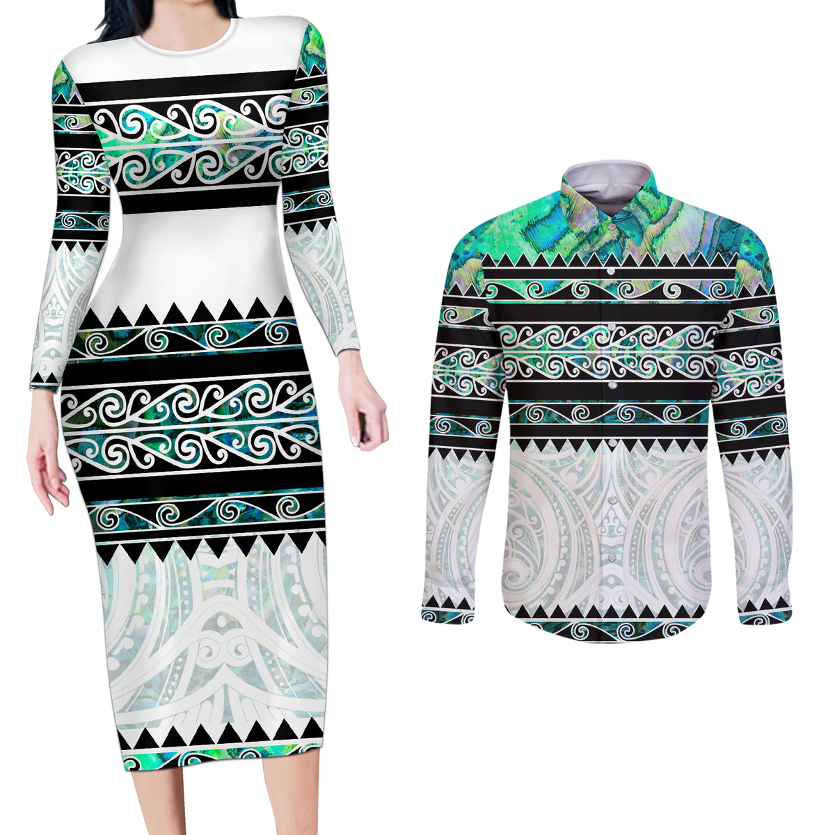 New Zealand Aotearoa Couples Matching Long Sleeve Bodycon Dress and Long Sleeve Button Shirt With Paua Shell Kowhaiwhai Pattern LT05 Green - Polynesian Pride