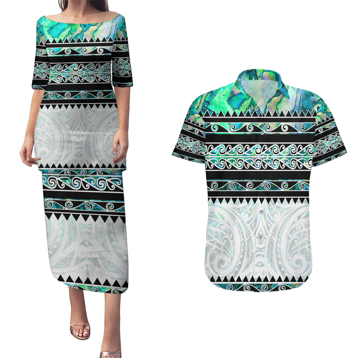 New Zealand Aotearoa Couples Matching Puletasi Dress and Hawaiian Shirt With Paua Shell Kowhaiwhai Pattern LT05 Green - Polynesian Pride