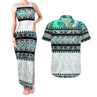 New Zealand Aotearoa Couples Matching Tank Maxi Dress and Hawaiian Shirt With Paua Shell Kowhaiwhai Pattern LT05 Green - Polynesian Pride