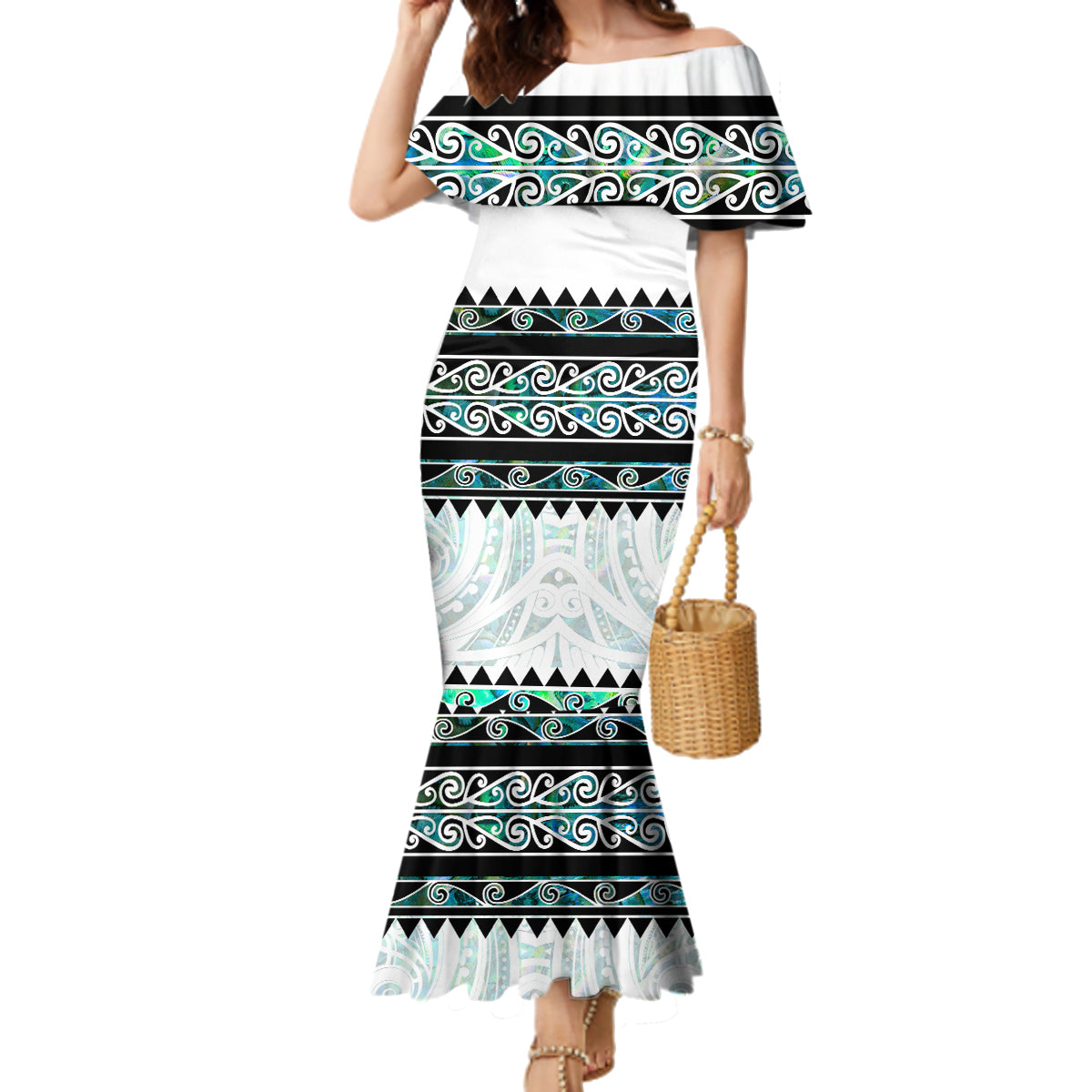 New Zealand Aotearoa Family Matching Mermaid Dress and Hawaiian Shirt With Paua Shell Kowhaiwhai Pattern LT05 Mom's Dress Green - Polynesian Pride
