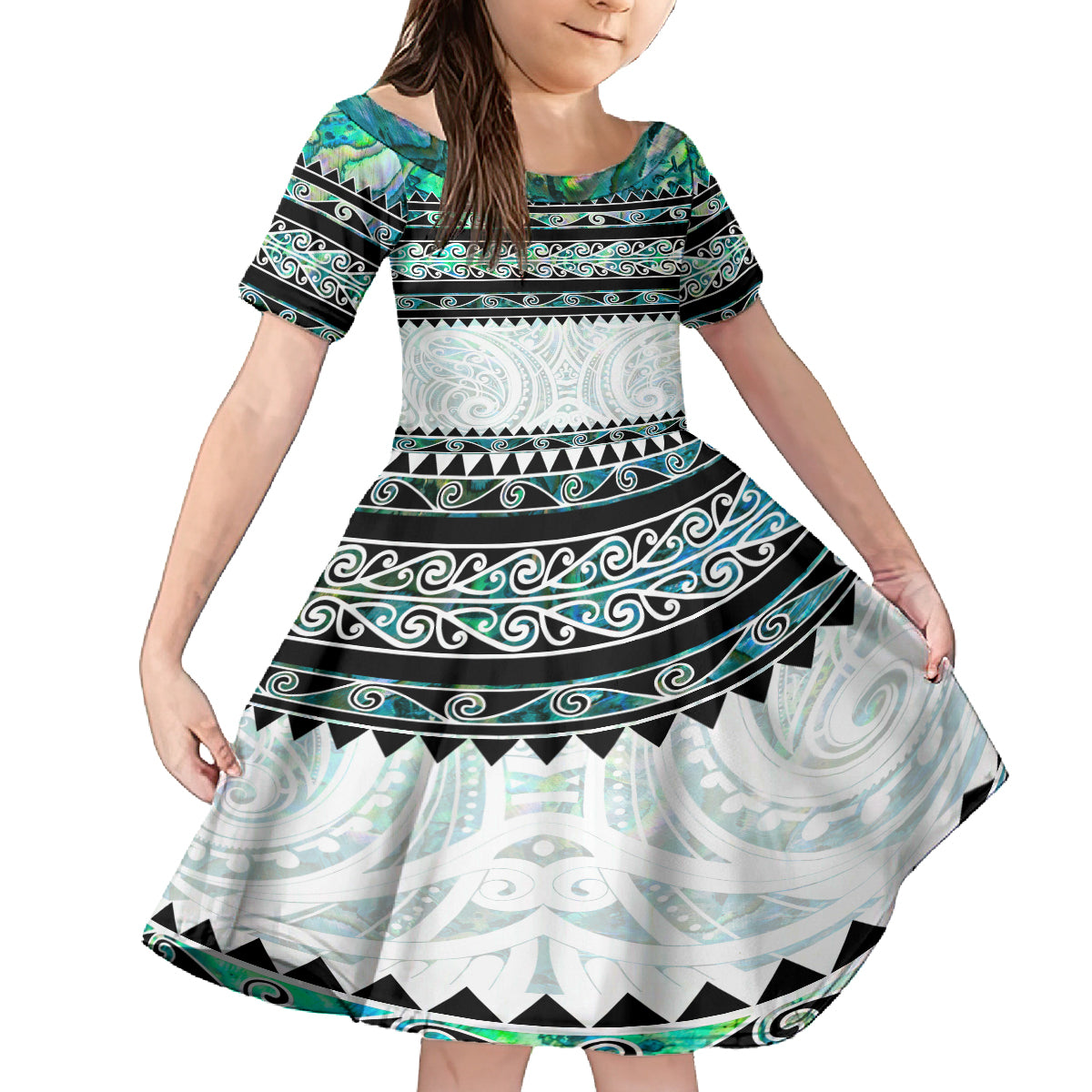 New Zealand Aotearoa Family Matching Off Shoulder Maxi Dress and Hawaiian Shirt With Paua Shell Kowhaiwhai Pattern LT05 Daughter's Dress Green - Polynesian Pride