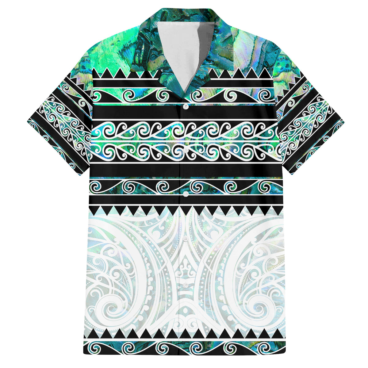 New Zealand Aotearoa Family Matching Off Shoulder Maxi Dress and Hawaiian Shirt With Paua Shell Kowhaiwhai Pattern LT05 Dad's Shirt - Short Sleeve Green - Polynesian Pride