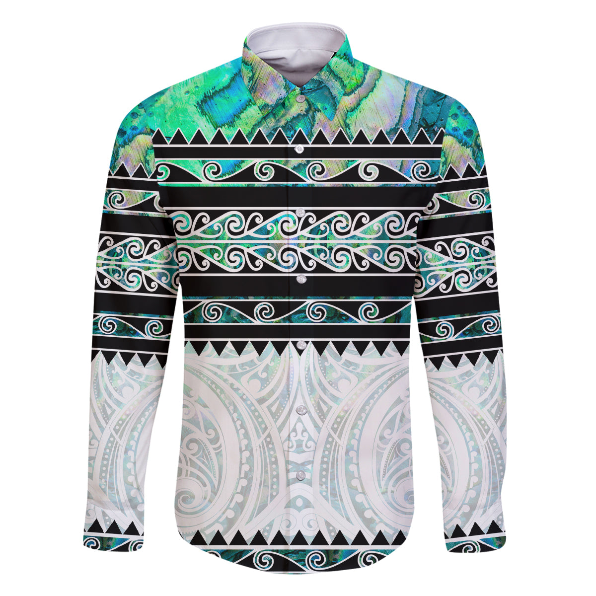 New Zealand Aotearoa Family Matching Off Shoulder Maxi Dress and Hawaiian Shirt With Paua Shell Kowhaiwhai Pattern LT05 Dad's Shirt - Long Sleeve Green - Polynesian Pride