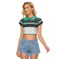 New Zealand Aotearoa Raglan Cropped T Shirt With Paua Shell Kowhaiwhai Pattern LT05 Female Green - Polynesian Pride