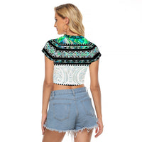 New Zealand Aotearoa Raglan Cropped T Shirt With Paua Shell Kowhaiwhai Pattern LT05 - Polynesian Pride