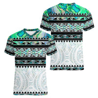 New Zealand Aotearoa Women V Neck T Shirt With Paua Shell Kowhaiwhai Pattern LT05 - Polynesian Pride