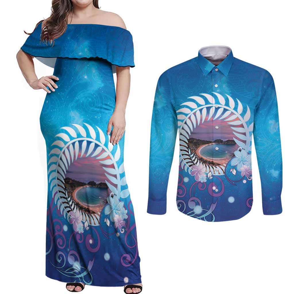 New Zealand Matapouri Beach Landscape Couples Matching Off Shoulder Maxi Dress and Long Sleeve Button Shirt