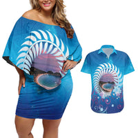 New Zealand Matapouri Beach Landscape Couples Matching Off Shoulder Short Dress and Hawaiian Shirt