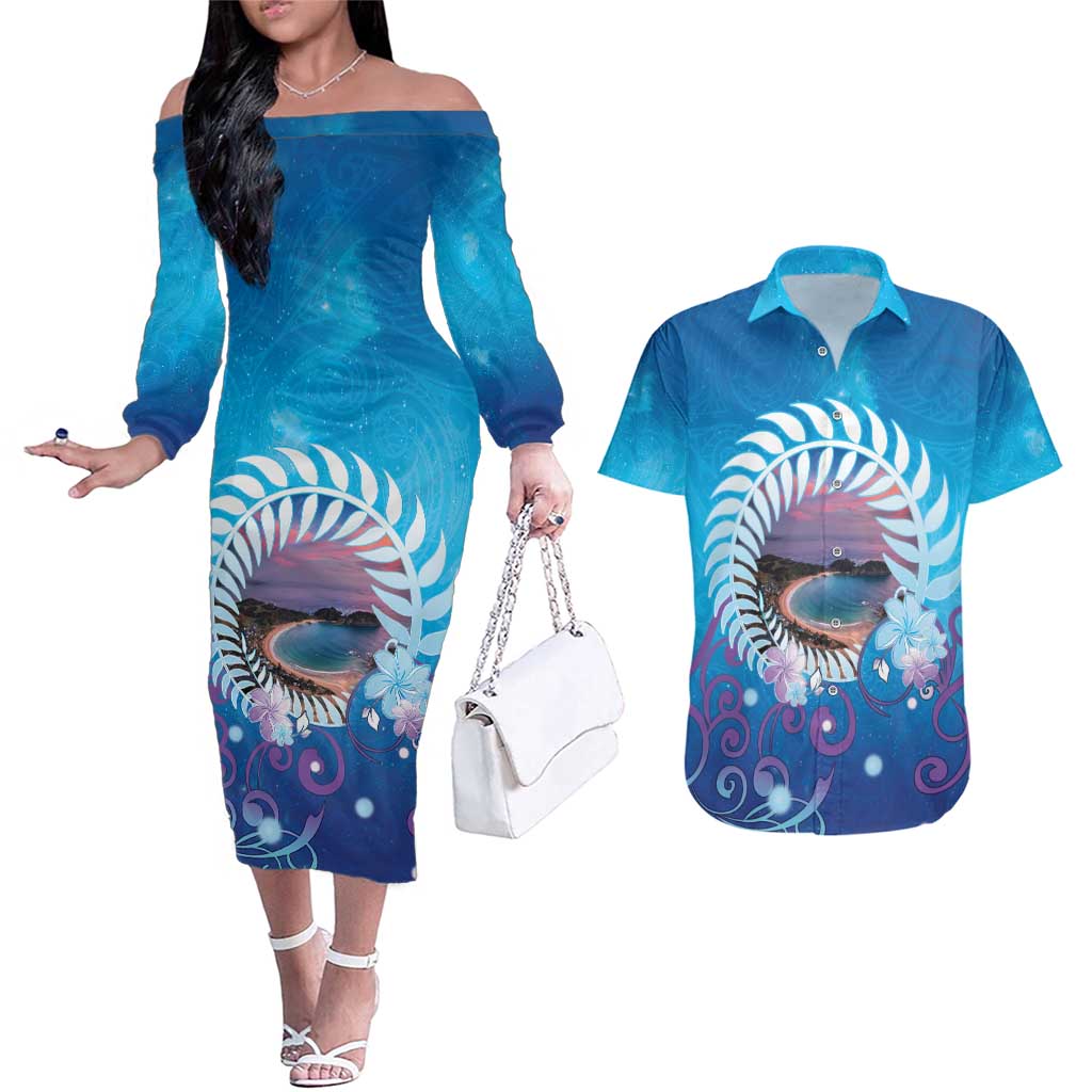 New Zealand Matapouri Beach Landscape Couples Matching Off The Shoulder Long Sleeve Dress and Hawaiian Shirt
