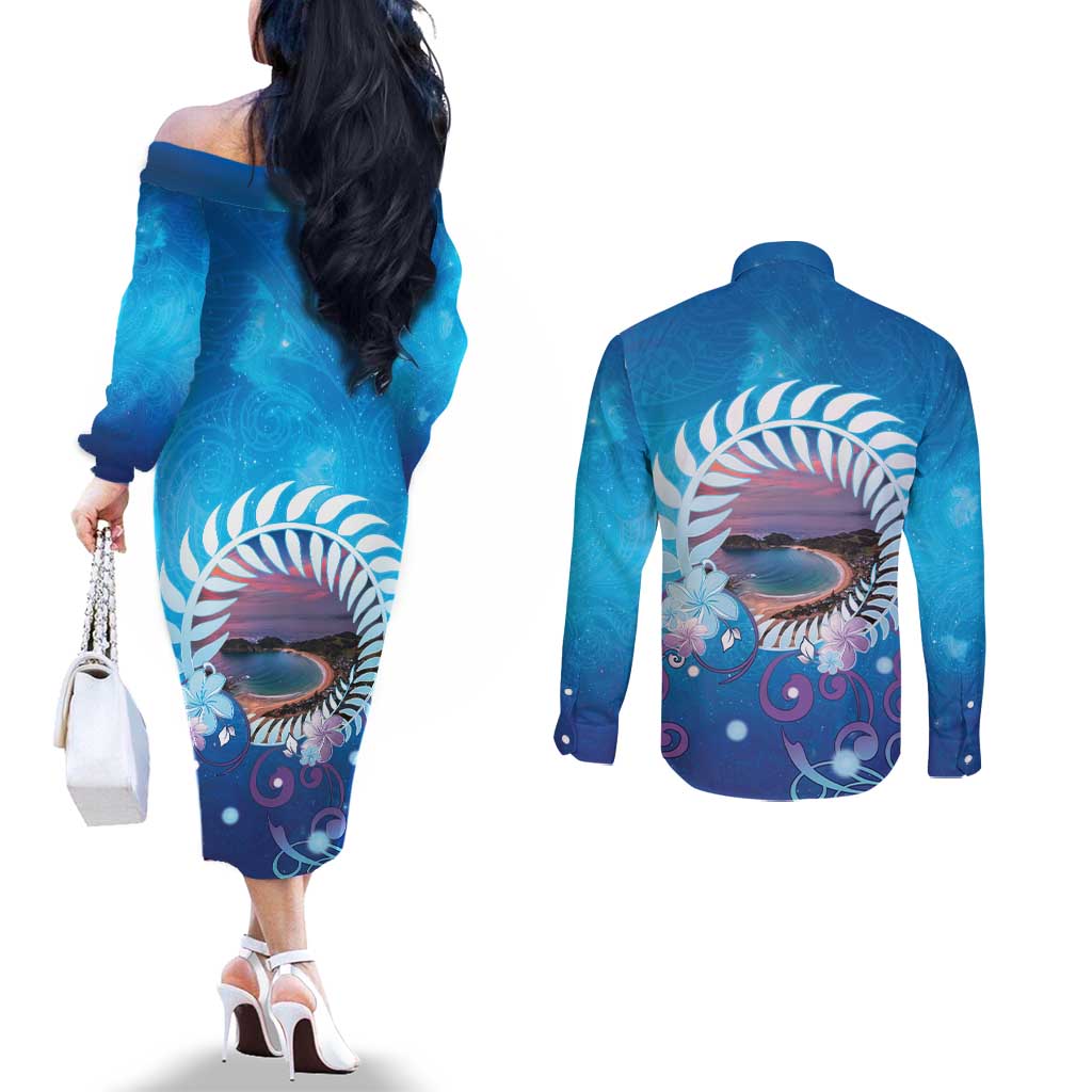 New Zealand Matapouri Beach Landscape Couples Matching Off The Shoulder Long Sleeve Dress and Long Sleeve Button Shirt