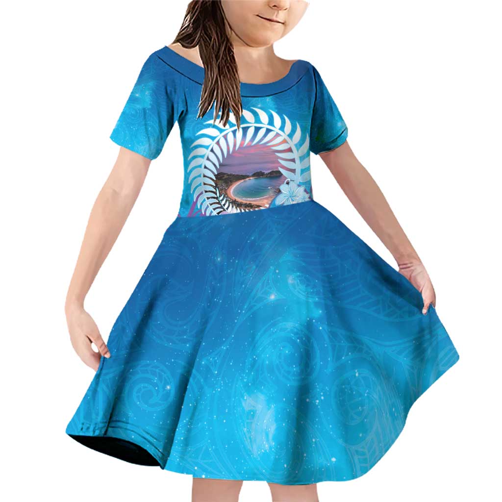New Zealand Matapouri Beach Landscape Family Matching Off Shoulder Short Dress and Hawaiian Shirt LT05 Daughter's Dress Blue - Polynesian Pride