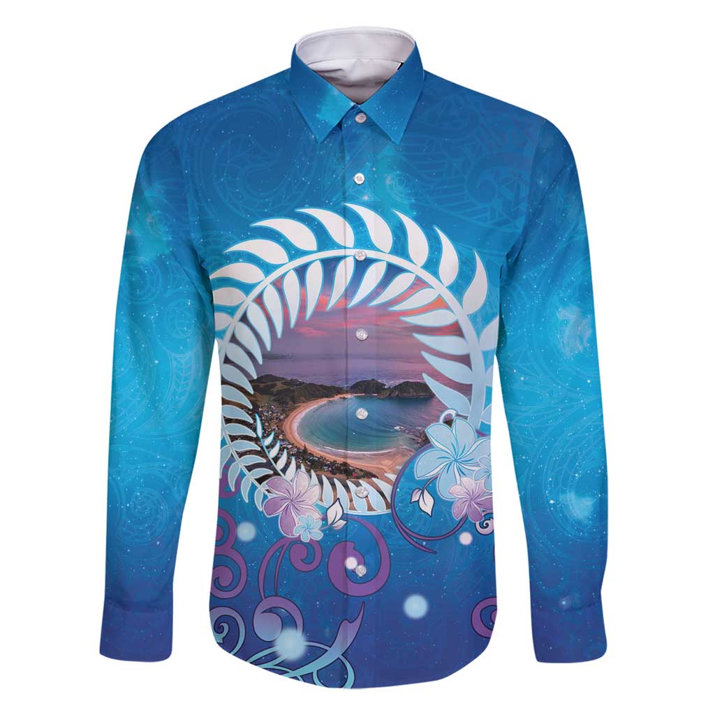 New Zealand Matapouri Beach Landscape Family Matching Off Shoulder Short Dress and Hawaiian Shirt LT05 Dad's Shirt - Long Sleeve Blue - Polynesian Pride