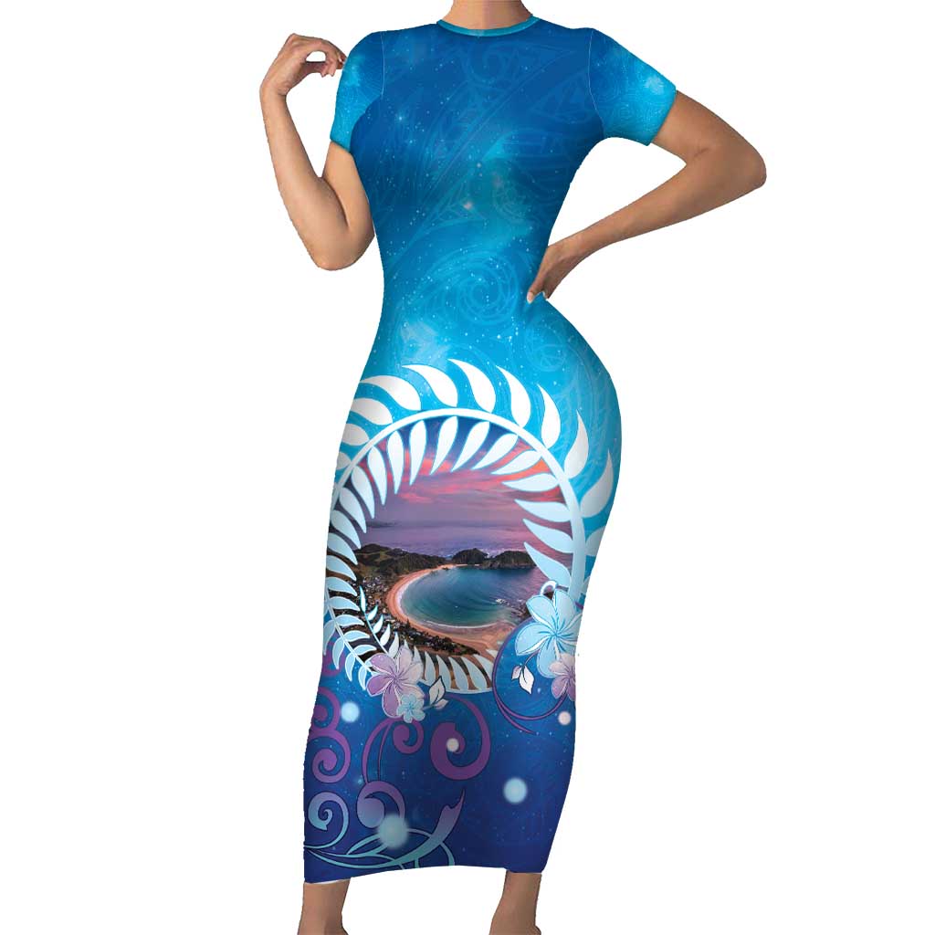 New Zealand Matapouri Beach Landscape Family Matching Short Sleeve Bodycon Dress and Hawaiian Shirt LT05 Mom's Dress Blue - Polynesian Pride