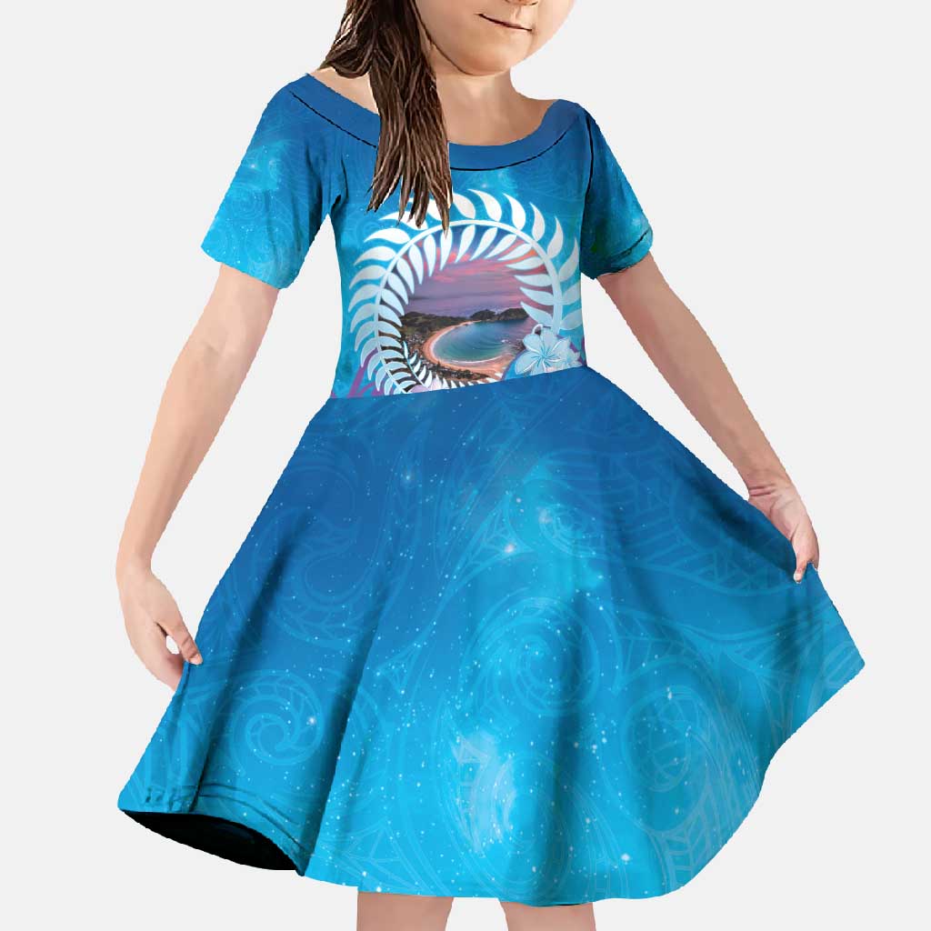 New Zealand Matapouri Beach Landscape Family Matching Summer Maxi Dress and Hawaiian Shirt LT05 Daughter's Dress Blue - Polynesian Pride