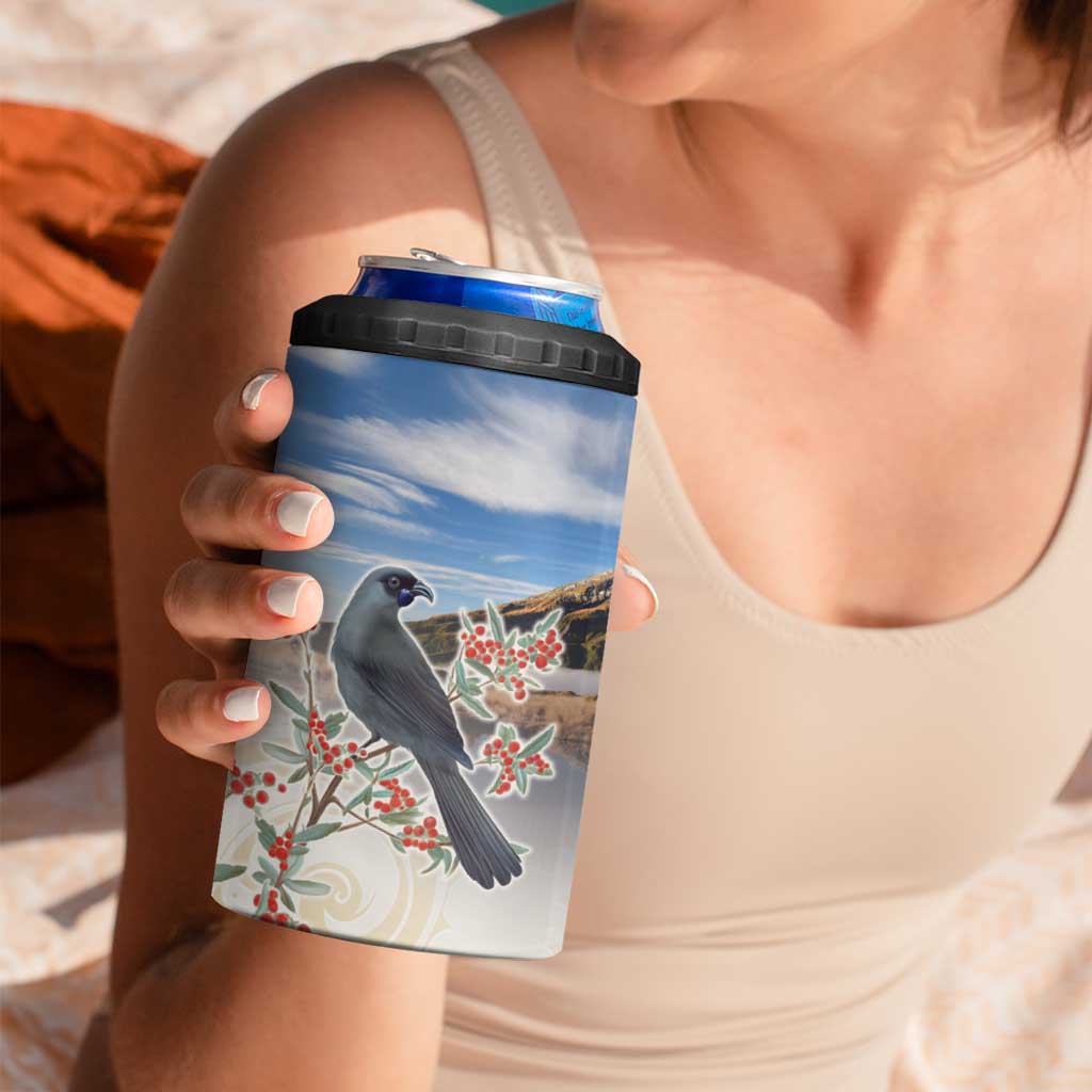 New Zealand Mount Taranaki Landscape 4 in 1 Can Cooler Tumbler Kokako Bird Polynesian Style
