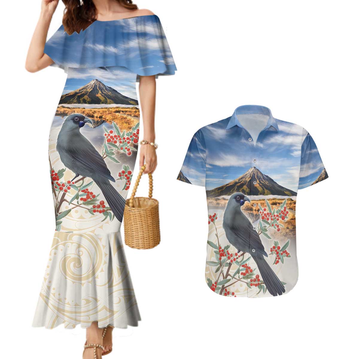 New Zealand Mount Taranaki Landscape Couples Matching Mermaid Dress and Hawaiian Shirt Kokako Bird Polynesian Style LT05 Blue - Polynesian Pride