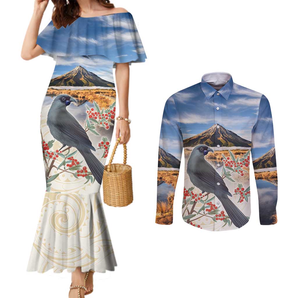 New Zealand Mount Taranaki Landscape Couples Matching Mermaid Dress and Long Sleeve Button Shirt Kokako Bird Polynesian Style LT05 Blue - Polynesian Pride