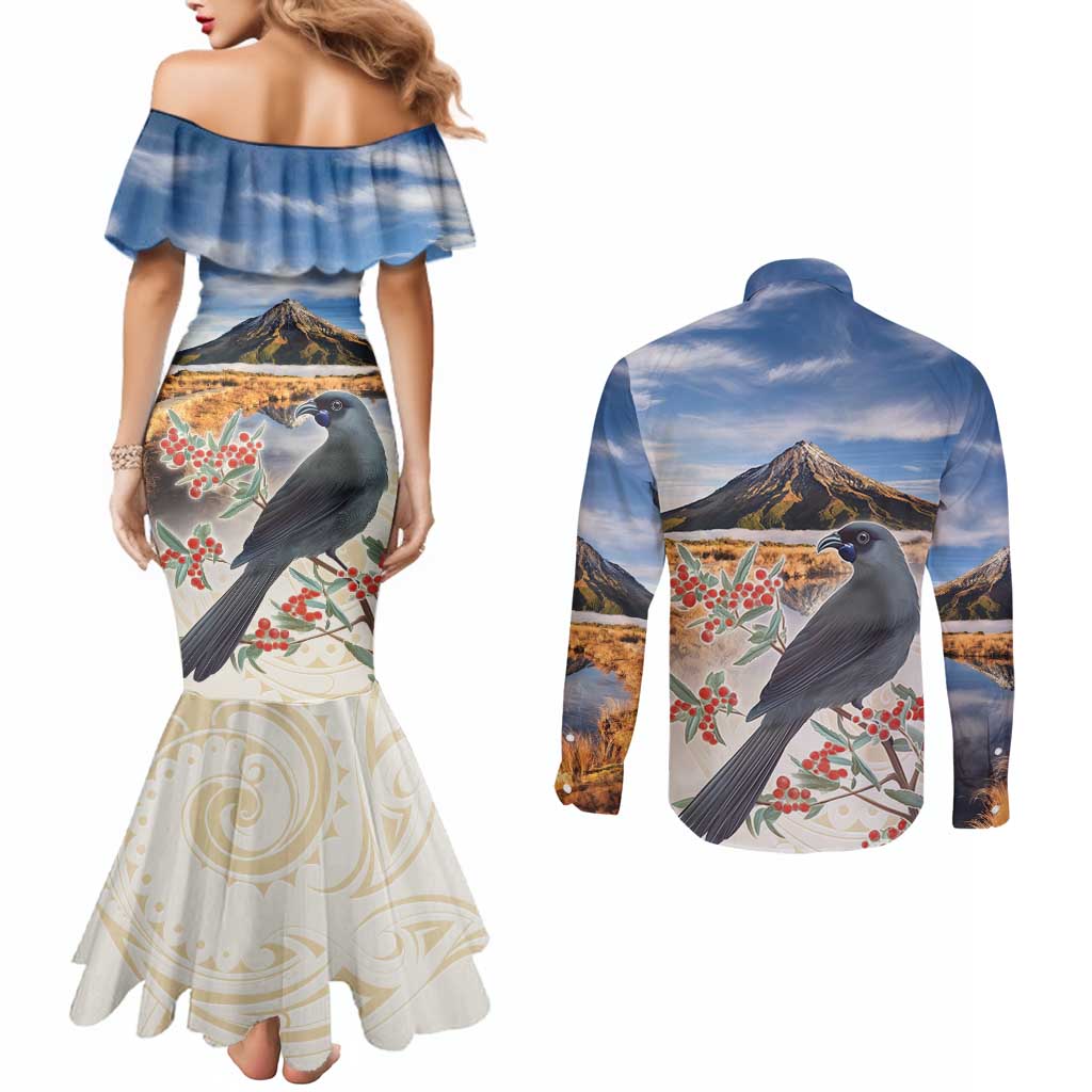 New Zealand Mount Taranaki Landscape Couples Matching Mermaid Dress and Long Sleeve Button Shirt Kokako Bird Polynesian Style LT05 - Polynesian Pride