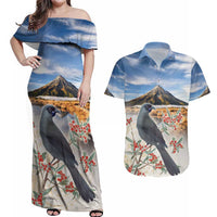 New Zealand Mount Taranaki Landscape Couples Matching Off Shoulder Maxi Dress and Hawaiian Shirt Kokako Bird Polynesian Style LT05 Blue - Polynesian Pride