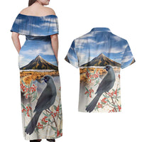 New Zealand Mount Taranaki Landscape Couples Matching Off Shoulder Maxi Dress and Hawaiian Shirt Kokako Bird Polynesian Style LT05 - Polynesian Pride