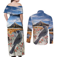 New Zealand Mount Taranaki Landscape Couples Matching Off Shoulder Maxi Dress and Long Sleeve Button Shirt Kokako Bird Polynesian Style LT05 - Polynesian Pride
