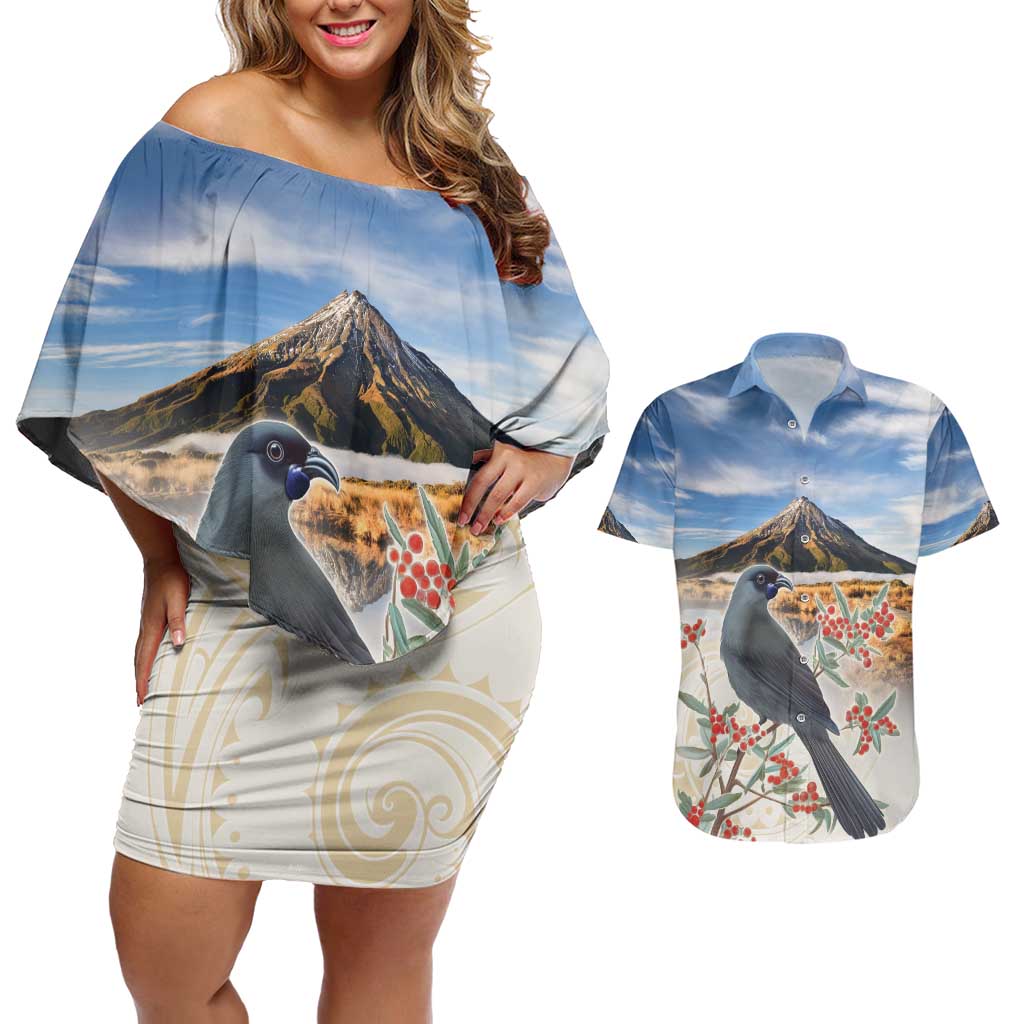 New Zealand Mount Taranaki Landscape Couples Matching Off Shoulder Short Dress and Hawaiian Shirt Kokako Bird Polynesian Style LT05 Blue - Polynesian Pride