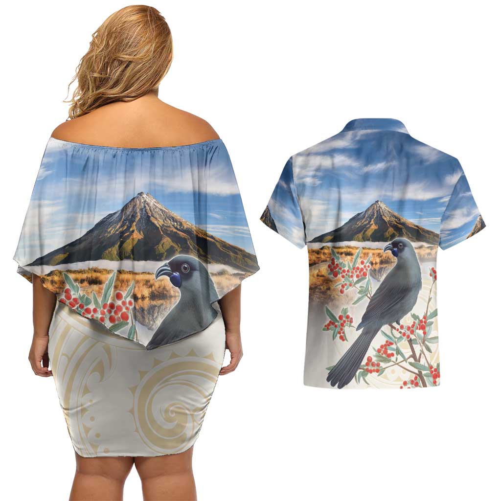 New Zealand Mount Taranaki Landscape Couples Matching Off Shoulder Short Dress and Hawaiian Shirt Kokako Bird Polynesian Style LT05 - Polynesian Pride