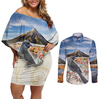 New Zealand Mount Taranaki Landscape Couples Matching Off Shoulder Short Dress and Long Sleeve Button Shirt Kokako Bird Polynesian Style LT05 Blue - Polynesian Pride