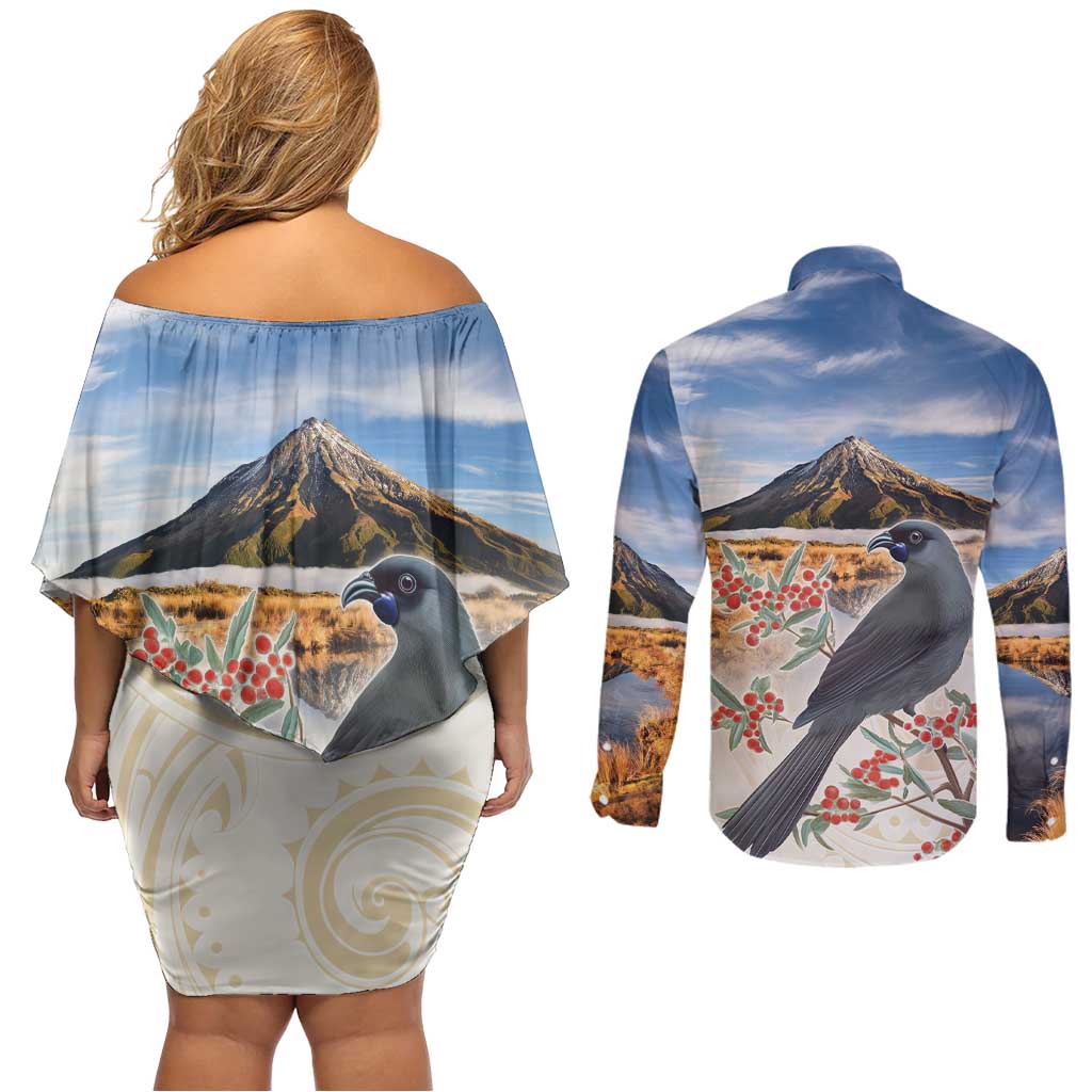 New Zealand Mount Taranaki Landscape Couples Matching Off Shoulder Short Dress and Long Sleeve Button Shirt Kokako Bird Polynesian Style LT05 - Polynesian Pride