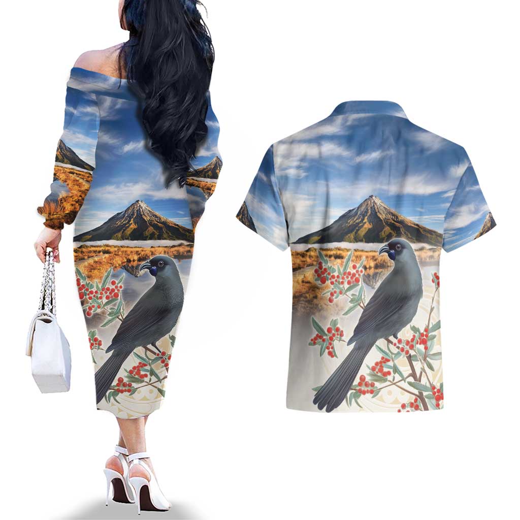 New Zealand Mount Taranaki Landscape Couples Matching Off The Shoulder Long Sleeve Dress and Hawaiian Shirt Kokako Bird Polynesian Style LT05 - Polynesian Pride