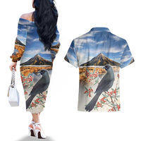 New Zealand Mount Taranaki Landscape Couples Matching Off The Shoulder Long Sleeve Dress and Hawaiian Shirt Kokako Bird Polynesian Style LT05 - Polynesian Pride