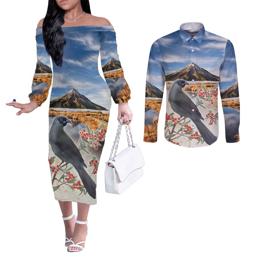 New Zealand Mount Taranaki Landscape Couples Matching Off The Shoulder Long Sleeve Dress and Long Sleeve Button Shirt Kokako Bird Polynesian Style