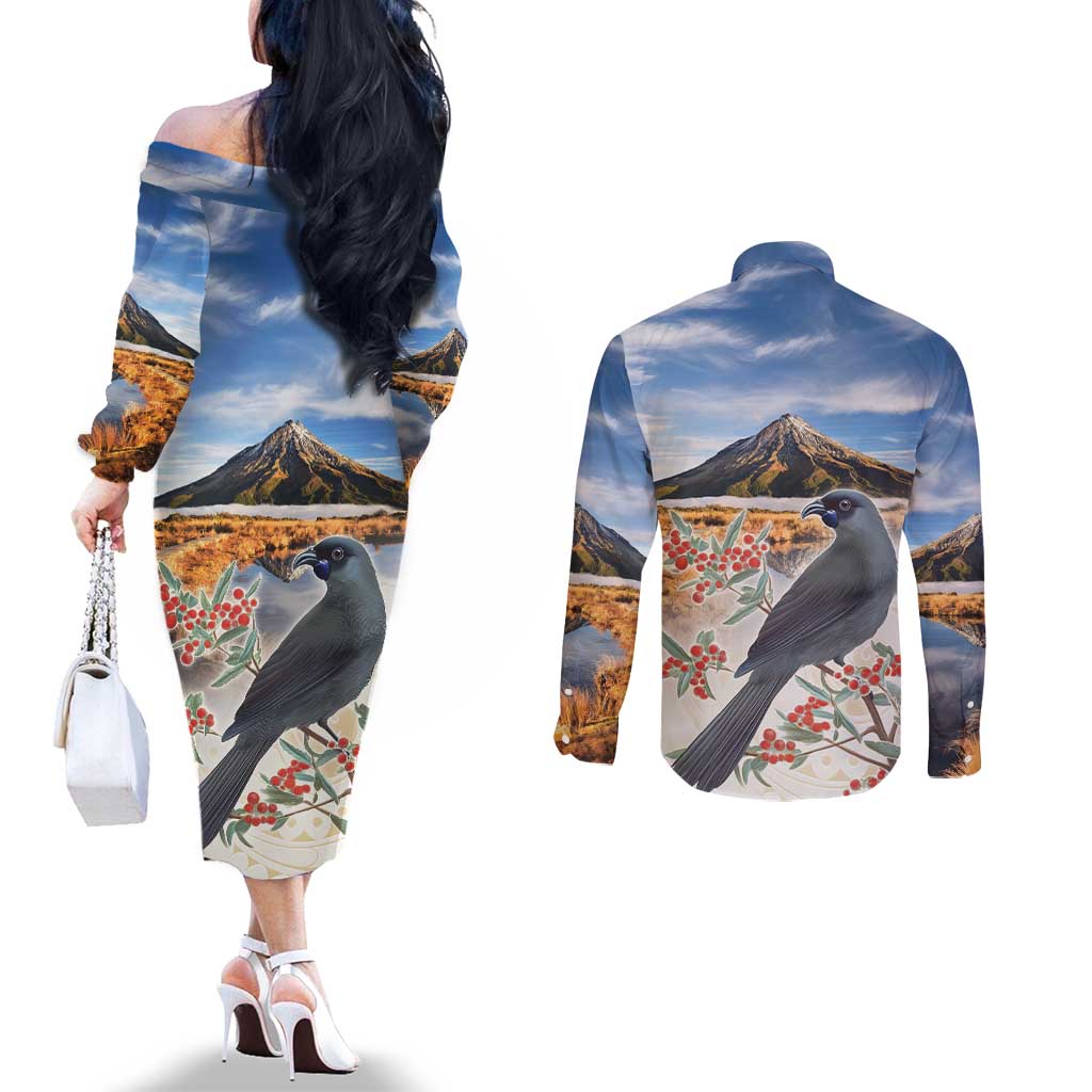 New Zealand Mount Taranaki Landscape Couples Matching Off The Shoulder Long Sleeve Dress and Long Sleeve Button Shirt Kokako Bird Polynesian Style LT05 - Polynesian Pride