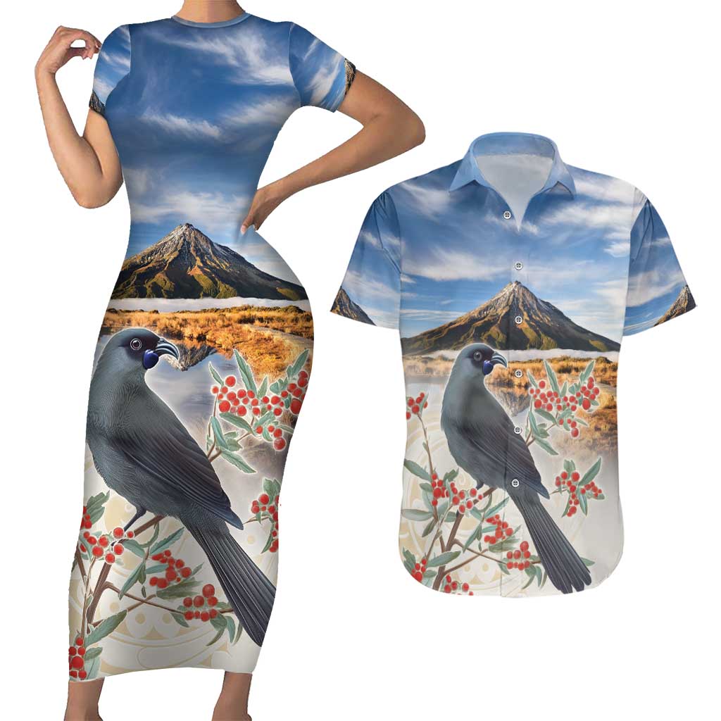 New Zealand Mount Taranaki Landscape Couples Matching Short Sleeve Bodycon Dress and Hawaiian Shirt Kokako Bird Polynesian Style LT05 Blue - Polynesian Pride