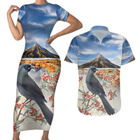New Zealand Mount Taranaki Landscape Couples Matching Short Sleeve Bodycon Dress and Hawaiian Shirt Kokako Bird Polynesian Style LT05 Blue - Polynesian Pride