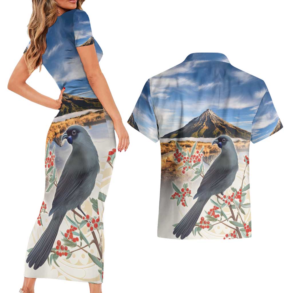 New Zealand Mount Taranaki Landscape Couples Matching Short Sleeve Bodycon Dress and Hawaiian Shirt Kokako Bird Polynesian Style LT05 - Polynesian Pride