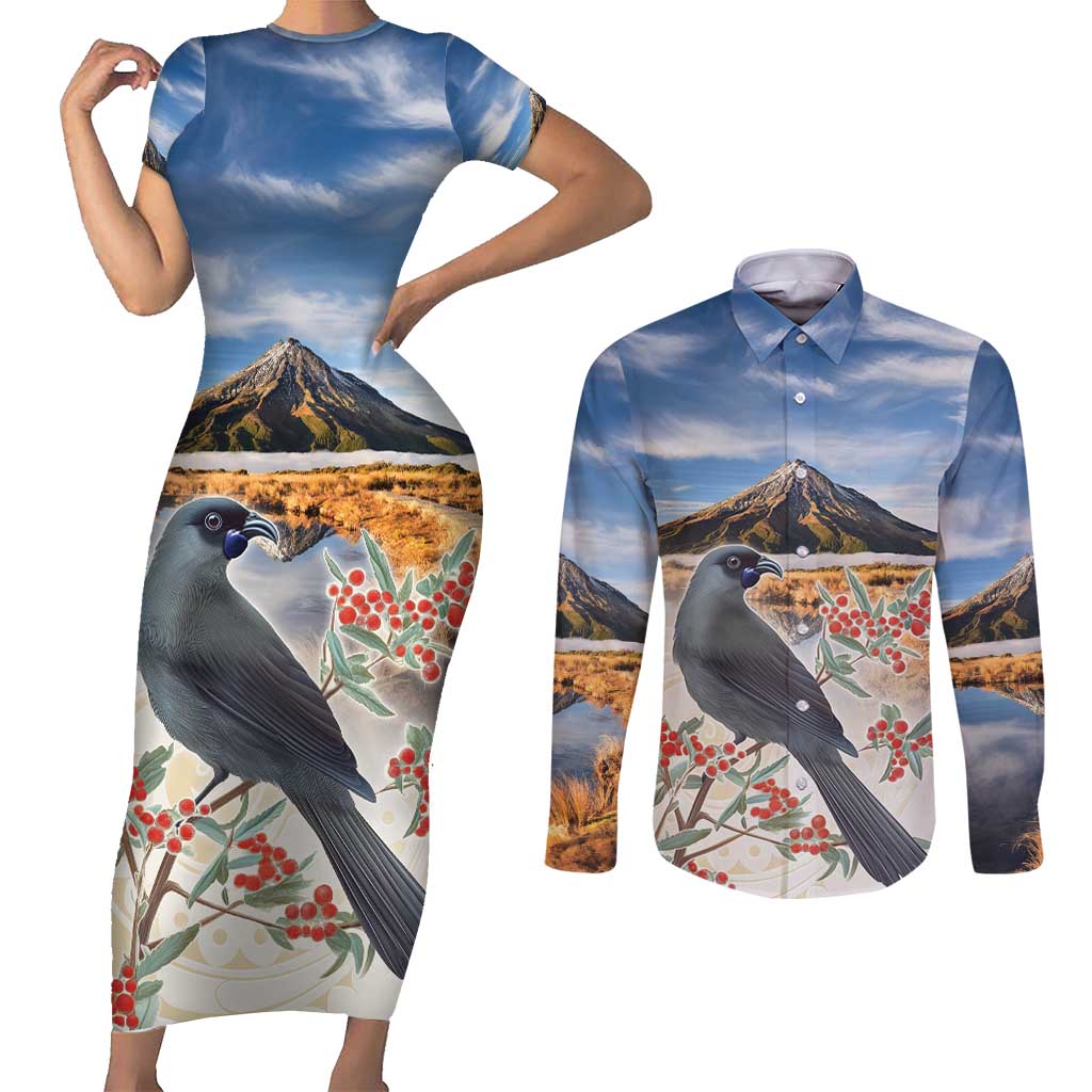 New Zealand Mount Taranaki Landscape Couples Matching Short Sleeve Bodycon Dress and Long Sleeve Button Shirt Kokako Bird Polynesian Style LT05 Blue - Polynesian Pride
