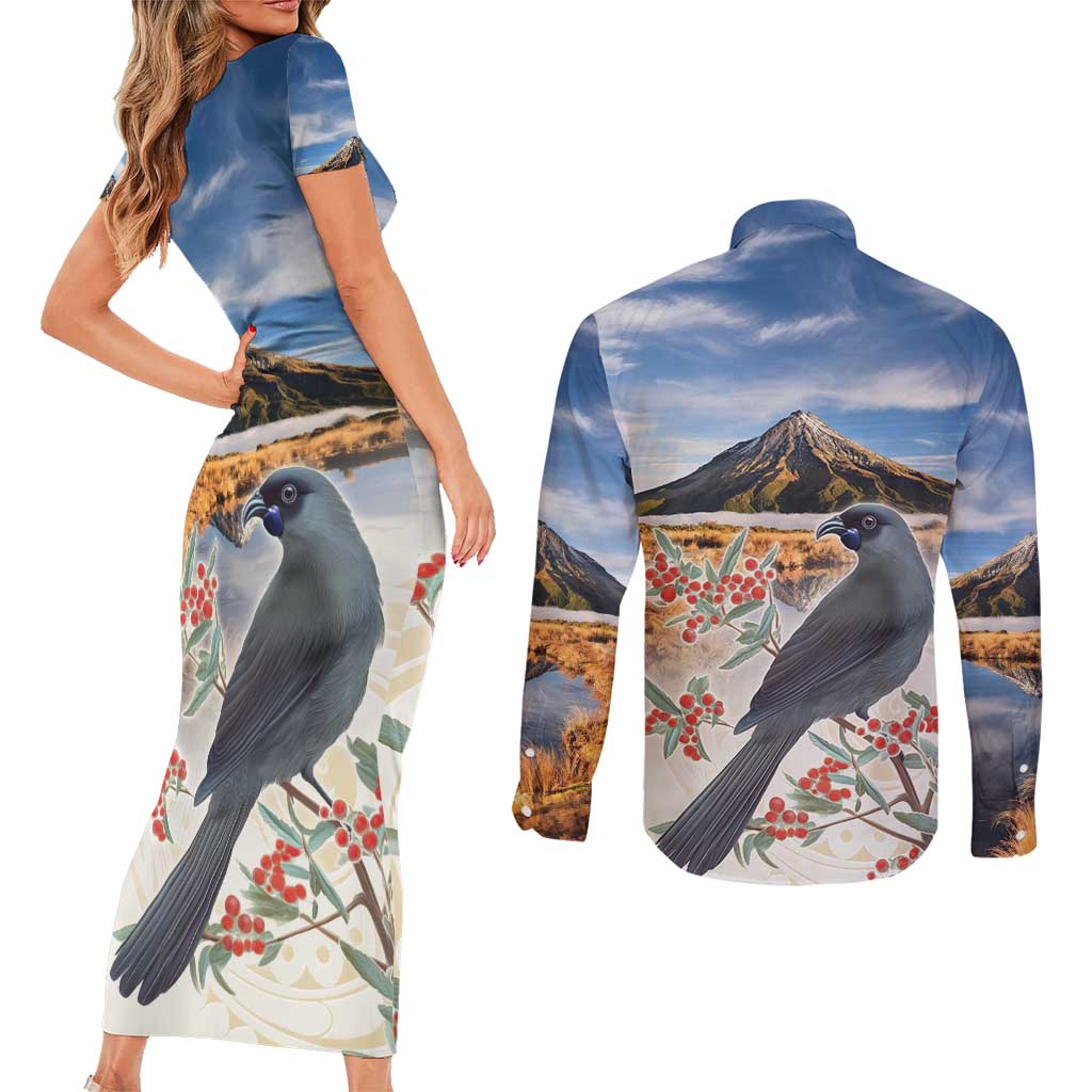 New Zealand Mount Taranaki Landscape Couples Matching Short Sleeve Bodycon Dress and Long Sleeve Button Shirt Kokako Bird Polynesian Style LT05 - Polynesian Pride