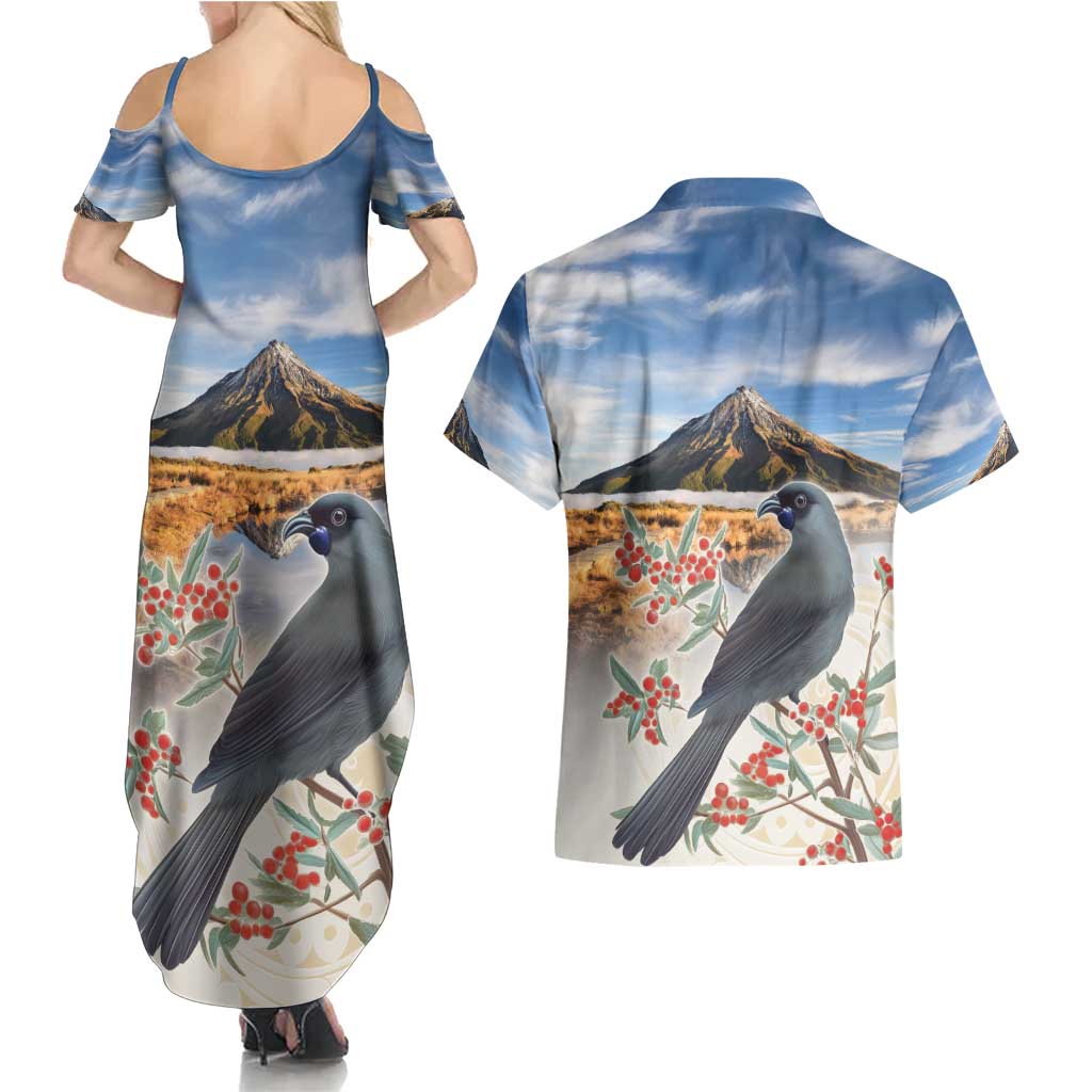 New Zealand Mount Taranaki Landscape Couples Matching Summer Maxi Dress and Hawaiian Shirt Kokako Bird Polynesian Style LT05 - Polynesian Pride