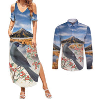 New Zealand Mount Taranaki Landscape Couples Matching Summer Maxi Dress and Long Sleeve Button Shirt Kokako Bird Polynesian Style LT05 Blue - Polynesian Pride