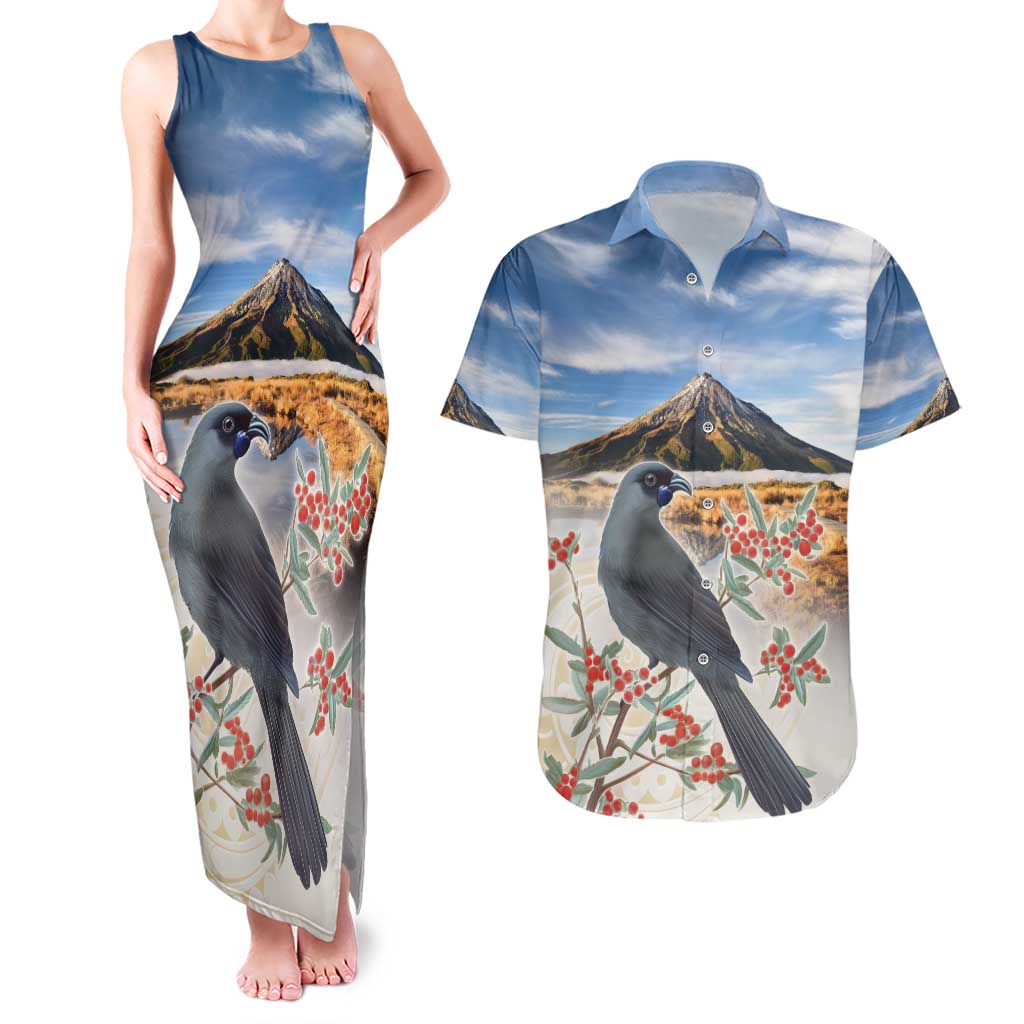 New Zealand Mount Taranaki Landscape Couples Matching Tank Maxi Dress and Hawaiian Shirt Kokako Bird Polynesian Style LT05 Blue - Polynesian Pride