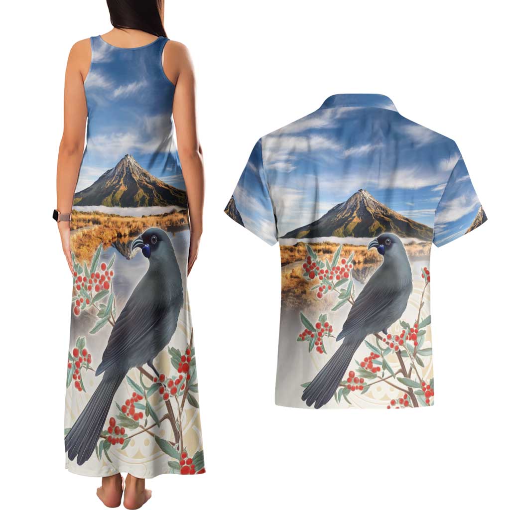 New Zealand Mount Taranaki Landscape Couples Matching Tank Maxi Dress and Hawaiian Shirt Kokako Bird Polynesian Style LT05 - Polynesian Pride