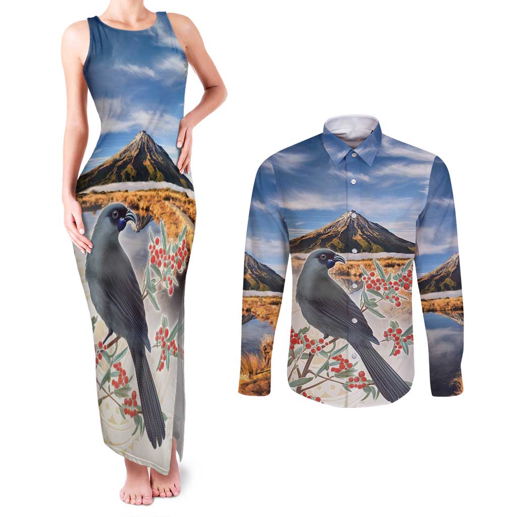 New Zealand Mount Taranaki Landscape Couples Matching Tank Maxi Dress and Long Sleeve Button Shirt Kokako Bird Polynesian Style