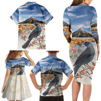 New Zealand Mount Taranaki Landscape Family Matching Long Sleeve Bodycon Dress and Hawaiian Shirt Kokako Bird Polynesian Style LT05 - Polynesian Pride