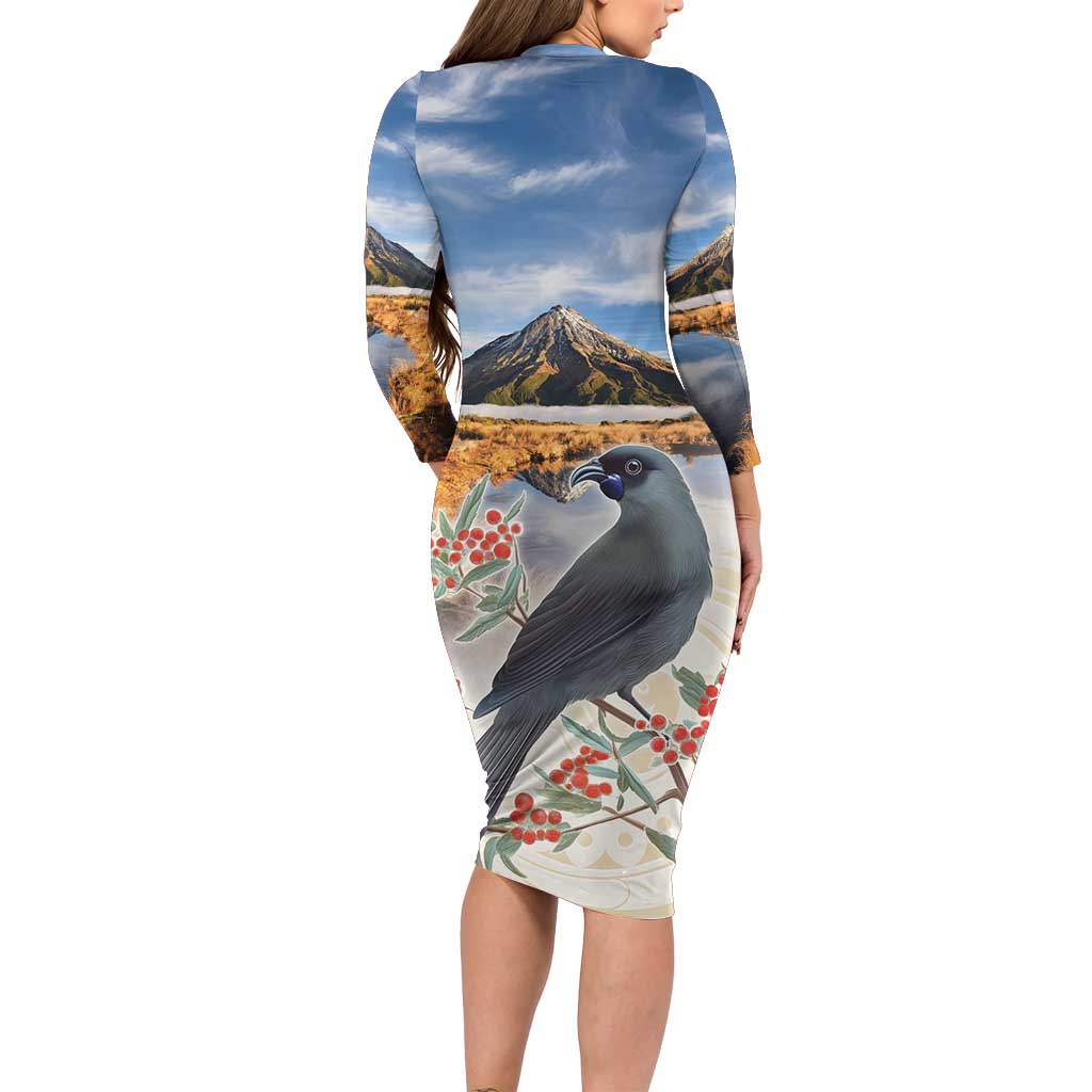 New Zealand Mount Taranaki Landscape Family Matching Long Sleeve Bodycon Dress and Hawaiian Shirt Kokako Bird Polynesian Style LT05 - Polynesian Pride