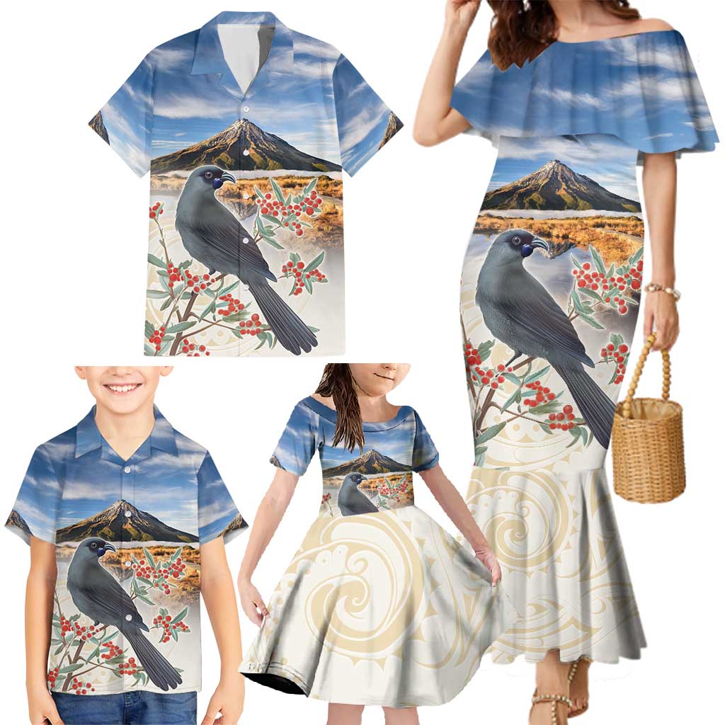New Zealand Mount Taranaki Landscape Family Matching Mermaid Dress and Hawaiian Shirt Kokako Bird Polynesian Style LT05 - Polynesian Pride
