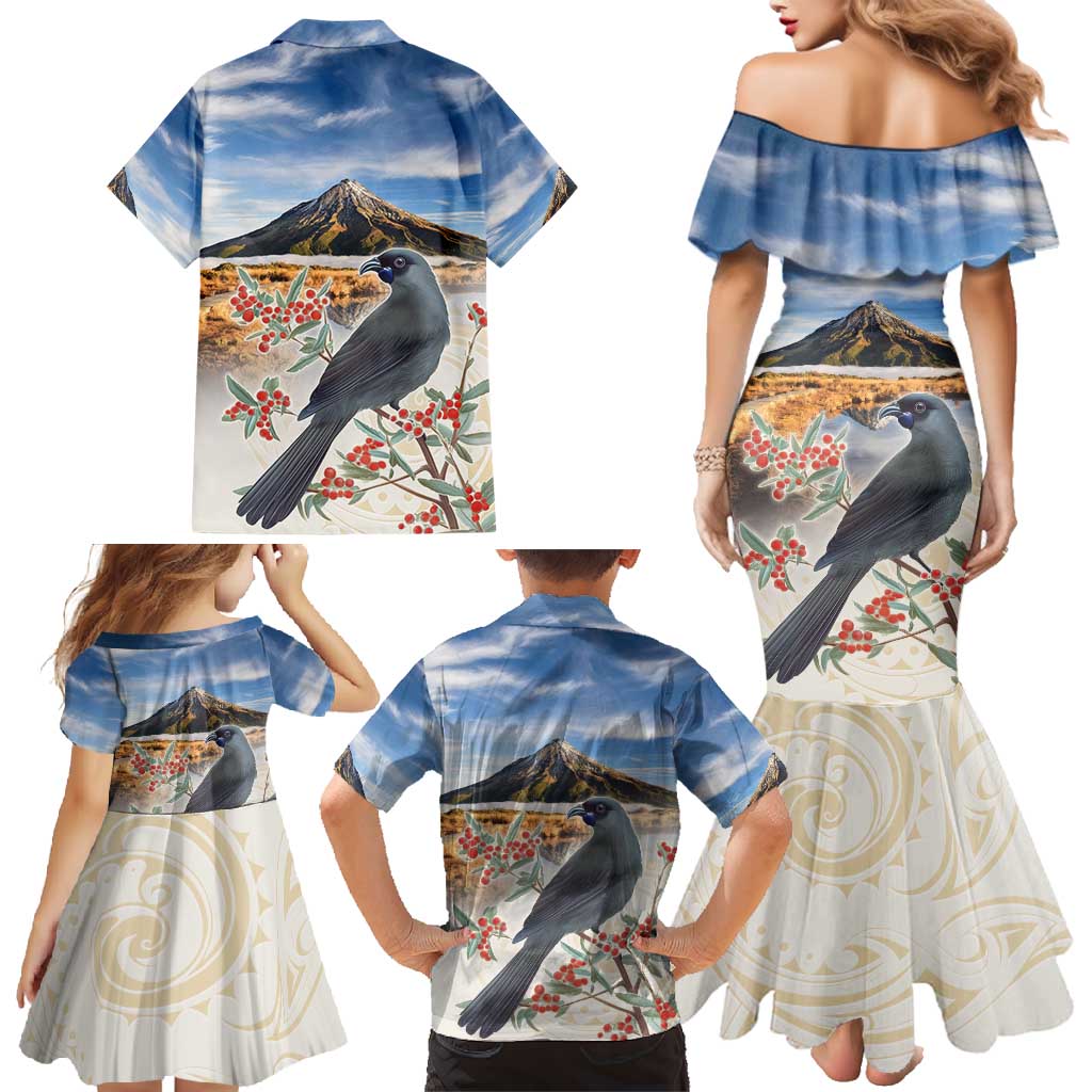 New Zealand Mount Taranaki Landscape Family Matching Mermaid Dress and Hawaiian Shirt Kokako Bird Polynesian Style LT05 - Polynesian Pride