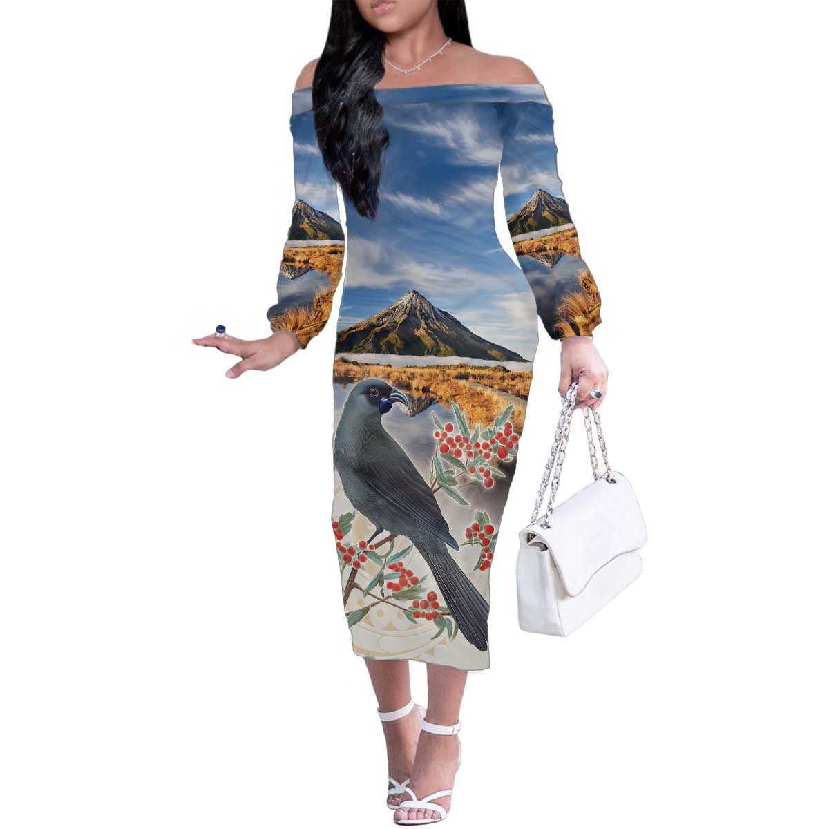New Zealand Mount Taranaki Landscape Family Matching Off The Shoulder Long Sleeve Dress and Hawaiian Shirt Kokako Bird Polynesian Style LT05 Mom's Dress Blue - Polynesian Pride