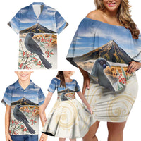 New Zealand Mount Taranaki Landscape Family Matching Off Shoulder Short Dress and Hawaiian Shirt Kokako Bird Polynesian Style LT05 - Polynesian Pride