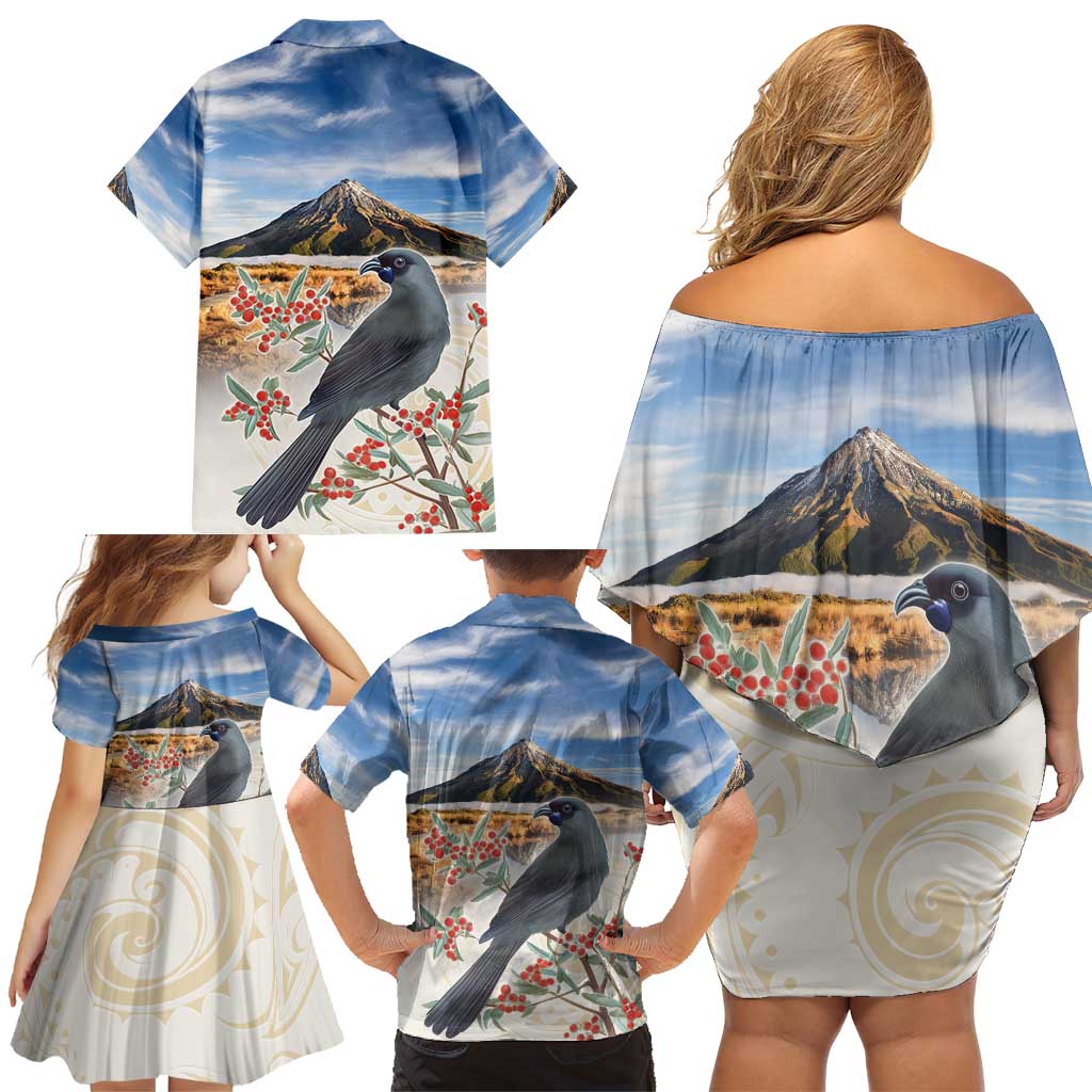 New Zealand Mount Taranaki Landscape Family Matching Off Shoulder Short Dress and Hawaiian Shirt Kokako Bird Polynesian Style LT05 - Polynesian Pride